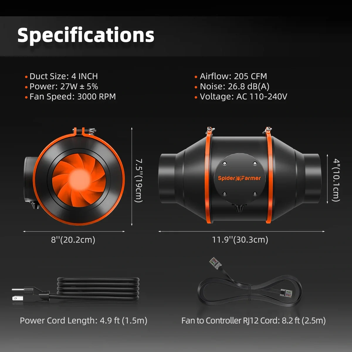 Spider Farmer Smarter Abluftventilator mit GGS Controller bis 350 m³/h