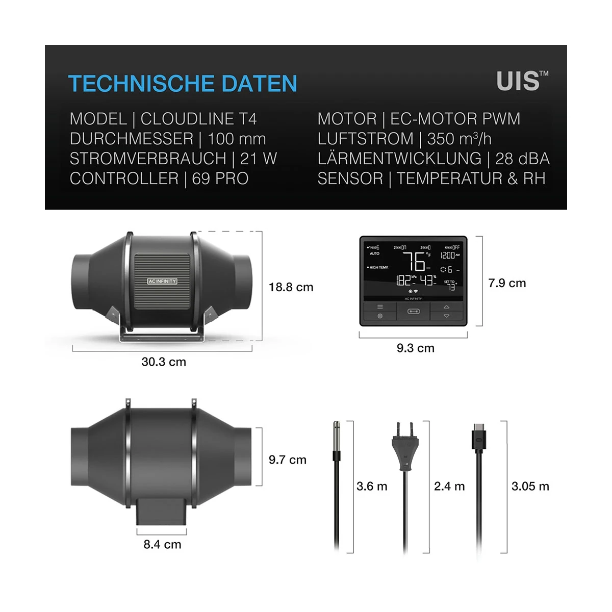 AC Infinity CLOUDLINE PRO T4 – Intelligenter und leiser Inline-Lüfter mit Controller AC Infinity CLOUDLINE PRO T4 – Intelligenter und leiser Inline-Lüfter mit Controller