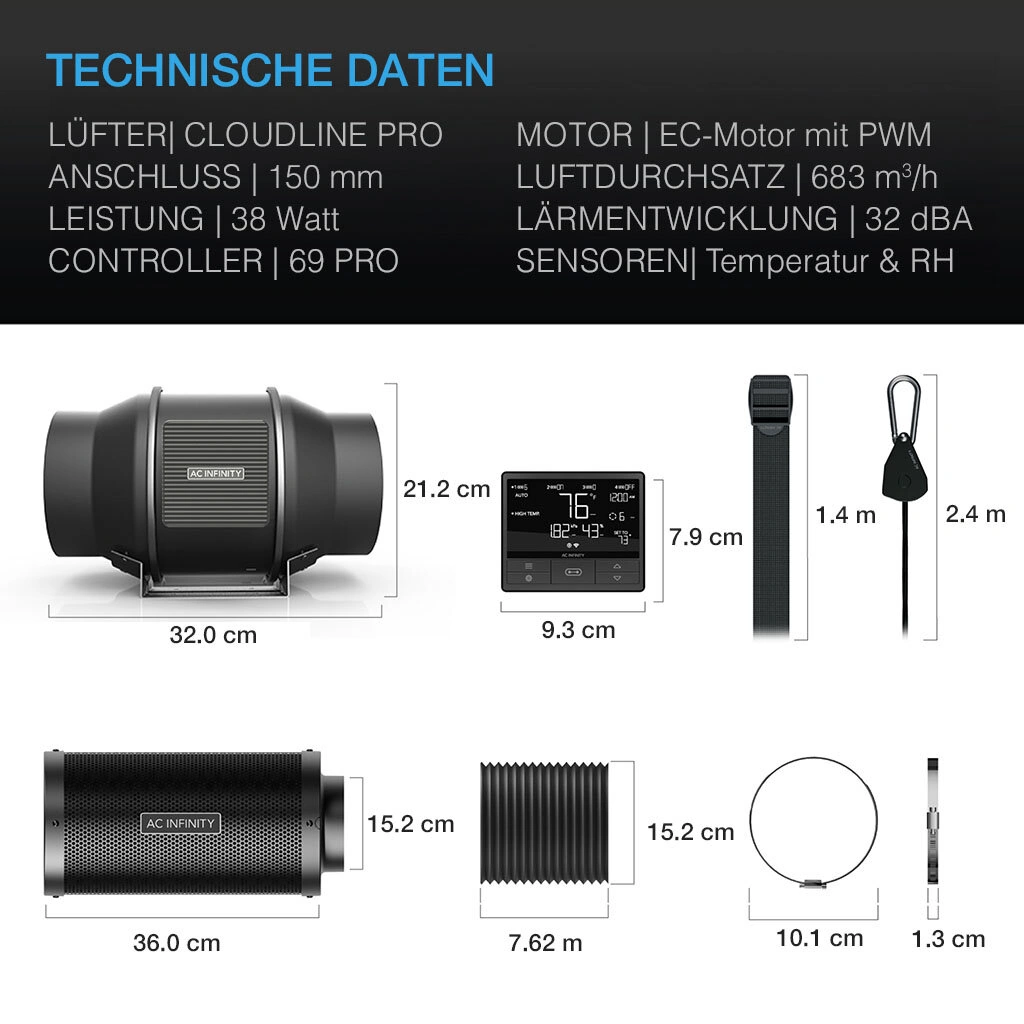 AC Infinity Abluft Komplettset mit Aktivkohlefilter, 150 mm, 683 m³/h, mit Smart Controller