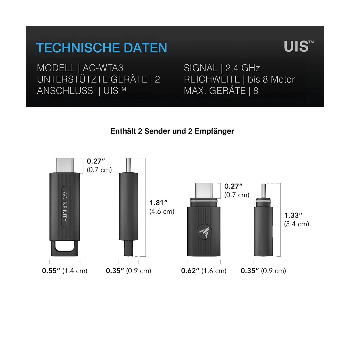 AC Infinity UIS 1-zu-1 kabelloser Transmitter & Empfänger, 2er-Pack